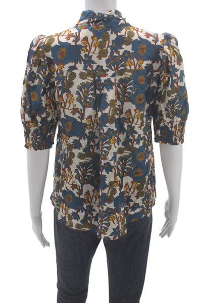 Cartolina Women Tunic Blouse Blue Floral Tie Short Sleeve Silk Size S
