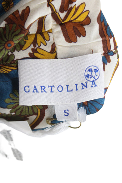 Cartolina Women Tunic Blouse Blue Floral Tie Short Sleeve Silk Size S