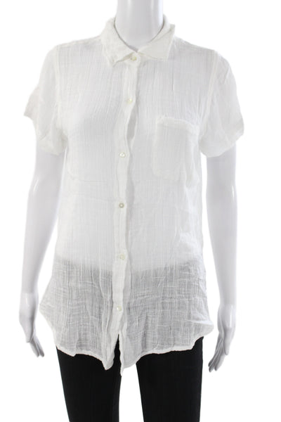 Elan Womens Short Sleeve Collared Button-Up Top White 65% Cotton Basic Size XS