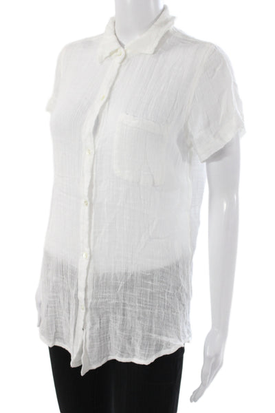Elan Womens Short Sleeve Collared Button-Up Top White 65% Cotton Basic Size XS