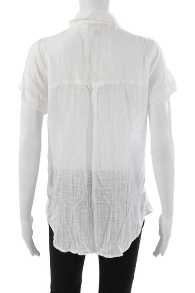 Elan Womens Short Sleeve Collared Button-Up Top White 65% Cotton Basic Size XS