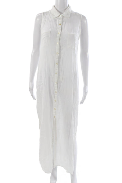 OndadeMar Women Maxi Dress White Cotton Collared Sleeveless Boho Long Size S