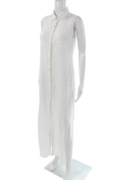 OndadeMar Women Maxi Dress White Cotton Collared Sleeveless Boho Long Size S
