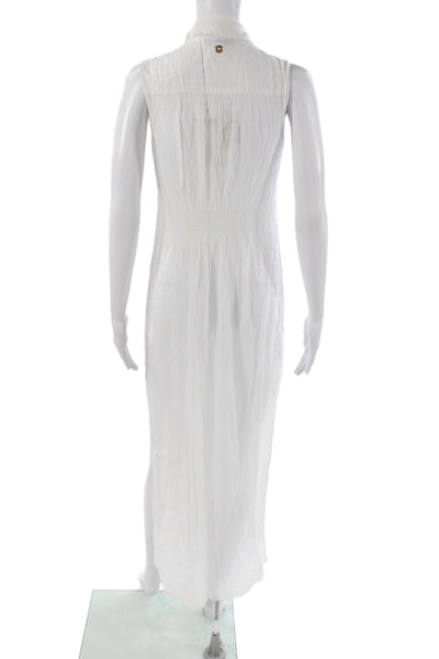 OndadeMar Women Maxi Dress White Cotton Collared Sleeveless Boho Long Size S