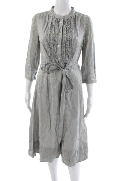 J Crew Women Shirt Dress Gray Linen Striped Knee-Length 3/4 Sleeve Size S