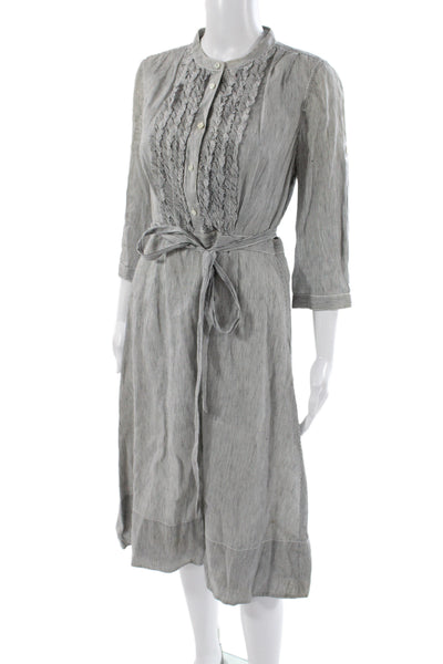 J Crew Women Shirt Dress Gray Linen Striped Knee-Length 3/4 Sleeve Size S