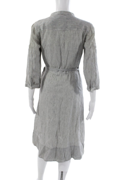 J Crew Women Shirt Dress Gray Linen Striped Knee-Length 3/4 Sleeve Size S