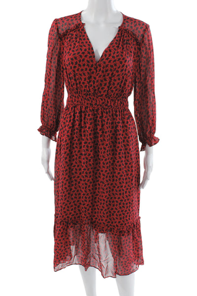 Shoshanna Women Fit & Flare Silk V-Neck Long Sleeve Red Mid-Calf Dress Size 4