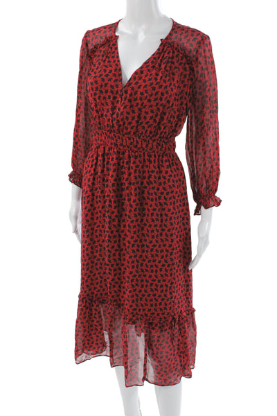Shoshanna Women Fit & Flare Silk V-Neck Long Sleeve Red Mid-Calf Dress Size 4