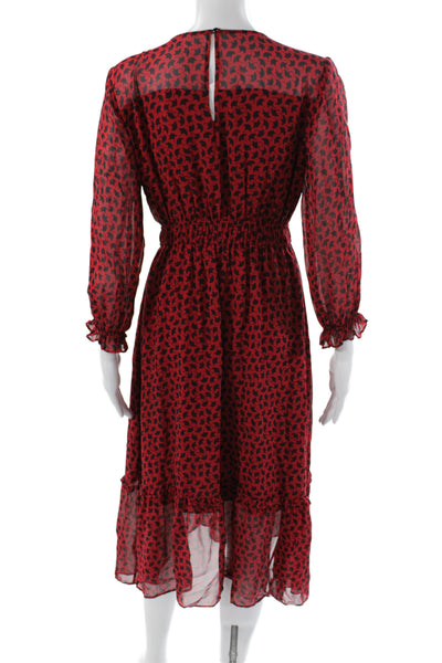 Shoshanna Women Fit & Flare Silk V-Neck Long Sleeve Red Mid-Calf Dress Size 4