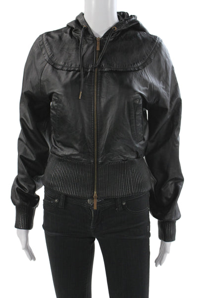 Marc Ecko Womens Black Genuine Leather Bomber Jacket Zip Long Sleeve Size S
