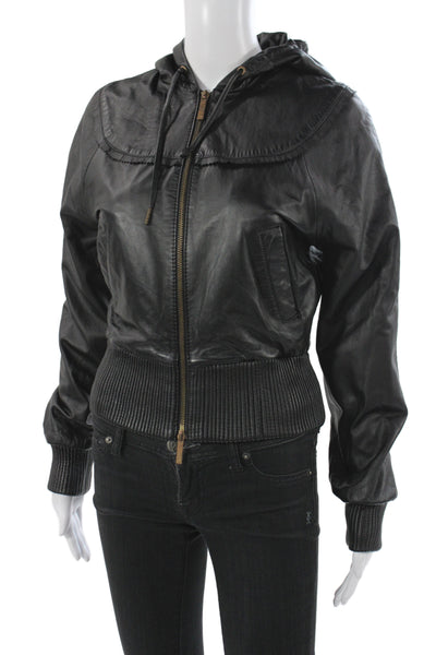 Marc Ecko Womens Black Genuine Leather Bomber Jacket Zip Long Sleeve Size S