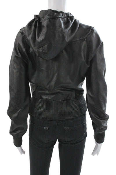 Marc Ecko Womens Black Genuine Leather Bomber Jacket Zip Long Sleeve Size S