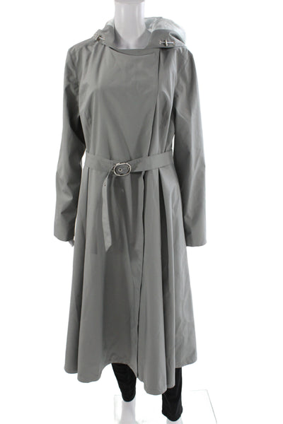 Designer Women Raincoat Gray Buckle Polyester Long Sleeve Size L