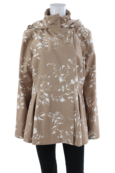Designer Womens Beige Floral Rain Coat Long Sleeve Zip Size L