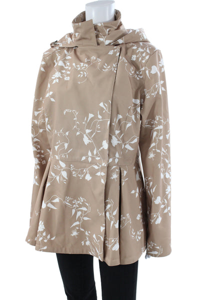 Designer Womens Beige Floral Rain Coat Long Sleeve Zip Size L