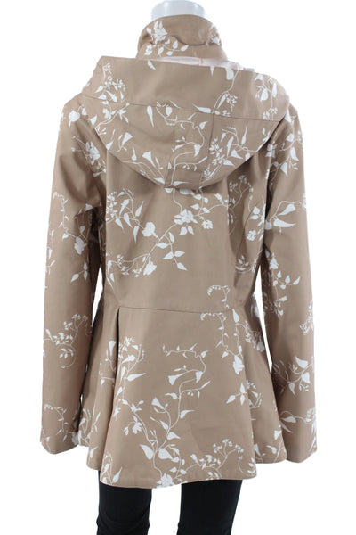 Designer Womens Beige Floral Rain Coat Long Sleeve Zip Size L