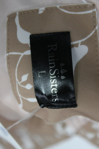 Designer Womens Beige Floral Rain Coat Long Sleeve Zip Size L