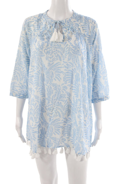 Roller Rabbit Women Blue Cotton Tunic 3/4 Sleeve Round Neck Size XS