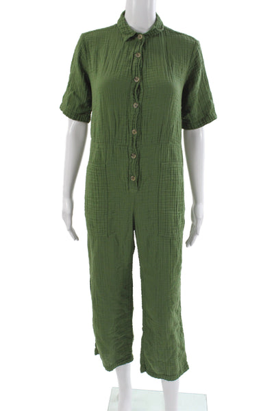 Velvet Womens Green Cotton Collared Short Sleeve Jumpsuit Button Size S