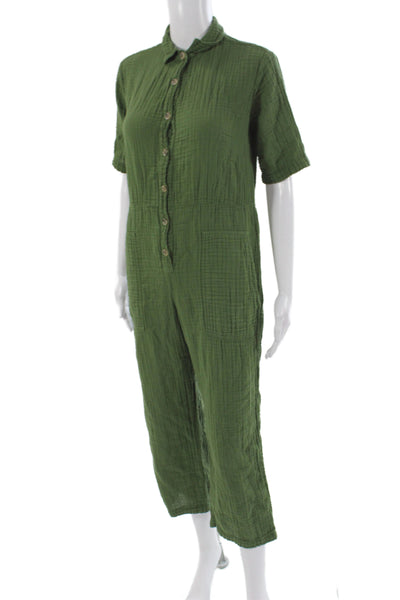 Velvet Womens Green Cotton Collared Short Sleeve Jumpsuit Button Size S