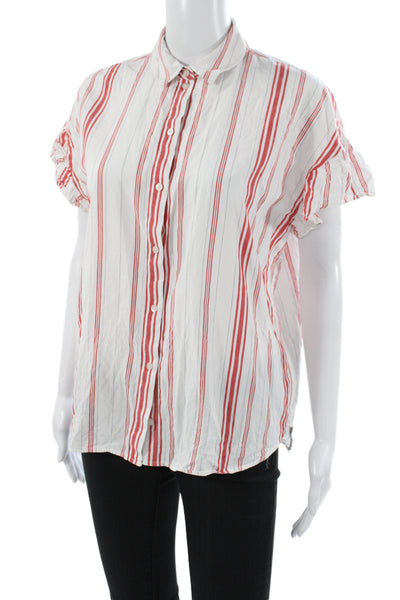 Madewell Women Striped Collared Cotton Button-Up Short Sleeve Red Size S