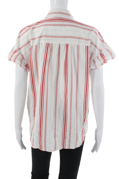 Madewell Women Striped Collared Cotton Button-Up Short Sleeve Red Size S