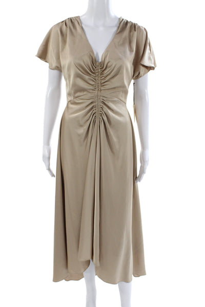 Bailey 44 Womens Sheath Long Satin V-Neck Short Sleeve Dress Beige Size S