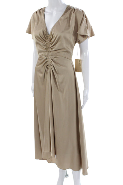 Bailey 44 Womens Sheath Long Satin V-Neck Short Sleeve Dress Beige Size S