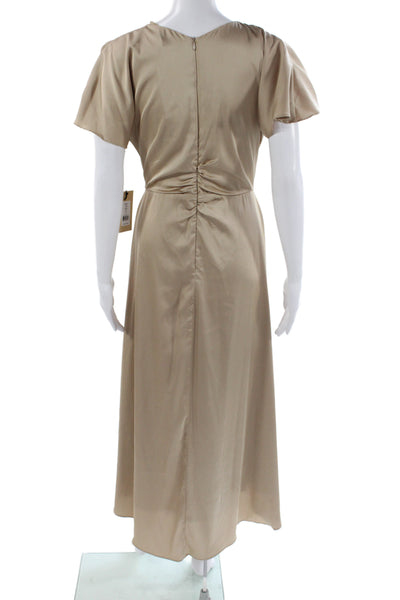 Bailey 44 Womens Sheath Long Satin V-Neck Short Sleeve Dress Beige Size S