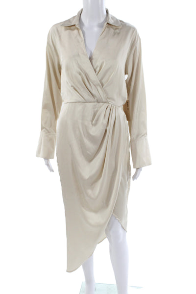 Bailey 44 Women Shirt Dress Beige Long Sleeve Collared Button Mid Calf Size S