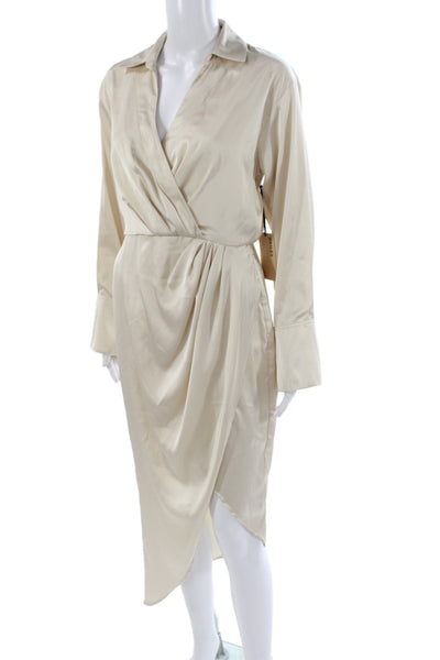 Bailey 44 Women Shirt Dress Beige Long Sleeve Collared Button Mid Calf Size S