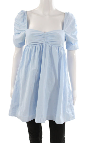 Amanda Uprichard Womens Mini Blouse Blue Square Neck Short Sleeve Zip Size XS