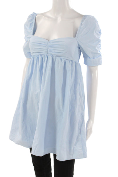 Amanda Uprichard Womens Mini Blouse Blue Square Neck Short Sleeve Zip Size XS