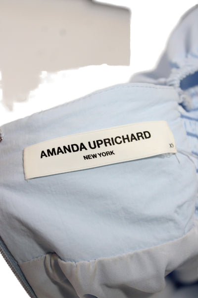 Amanda Uprichard Womens Mini Blouse Blue Square Neck Short Sleeve Zip Size XS