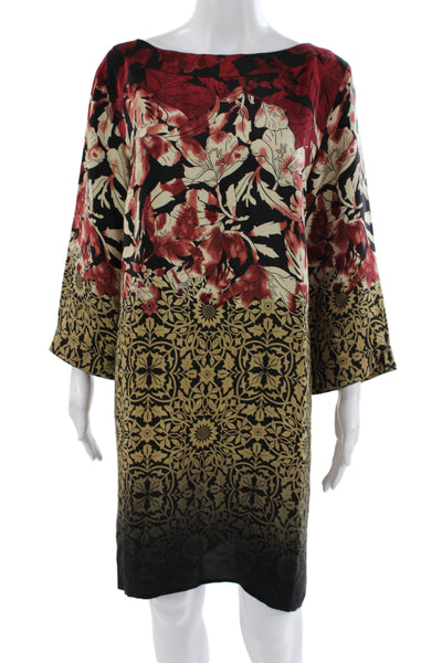 Citron Women Shift Dress Black Silk Boatneck 3/4 Sleeve Floral Size XL