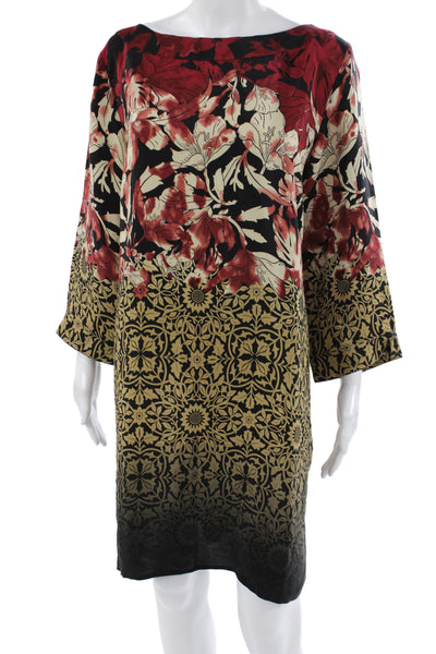 Citron Women Shift Dress Black Silk Boatneck 3/4 Sleeve Floral Size XL