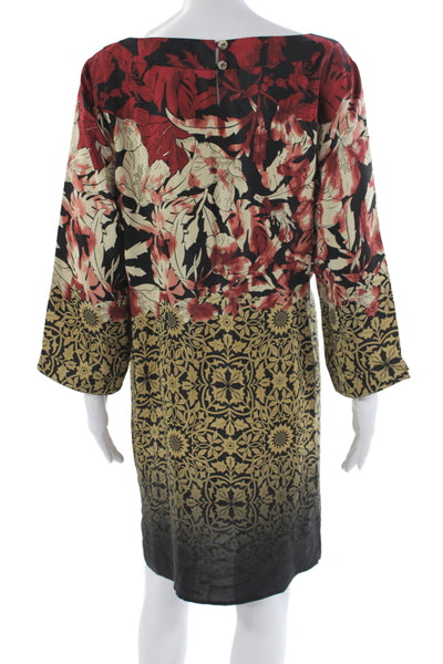 Citron Women Shift Dress Black Silk Boatneck 3/4 Sleeve Floral Size XL