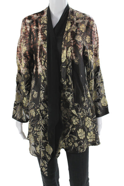 Citron Women Kimono Jacket Black Floral V Neck Long Sleeve Size XL