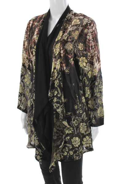 Citron Women Kimono Jacket Black Floral V Neck Long Sleeve Size XL