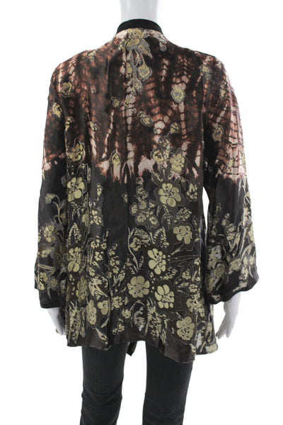 Citron Women Kimono Jacket Black Floral V Neck Long Sleeve Size XL
