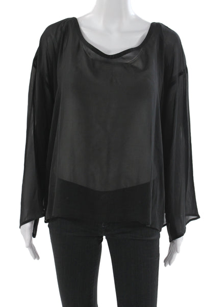 Eileen Fisher Womens Basic Silk Blouse Scoop Neck Long Sleeve Black Size XL