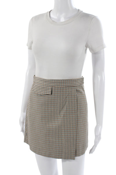 Theory Women Beige Plaid Mini Skort Cotton Blend Snap Closure Size 00