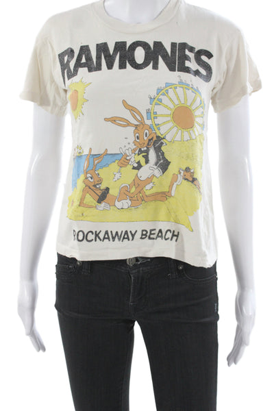 Made Worn Women Jersey Ramones T-Shirt Beige Crew Neck Short Sleeve Size XS