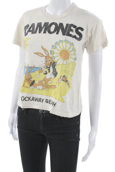 Made Worn Women Jersey Ramones T-Shirt Beige Crew Neck Short Sleeve Size XS