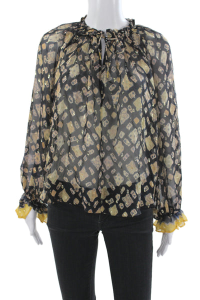 Ulla Johnson Womens Black Silk Argyle Tunic Long Sleeve Round Neck Tie Size 0