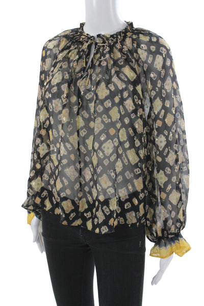 Ulla Johnson Womens Black Silk Argyle Tunic Long Sleeve Round Neck Tie Size 0