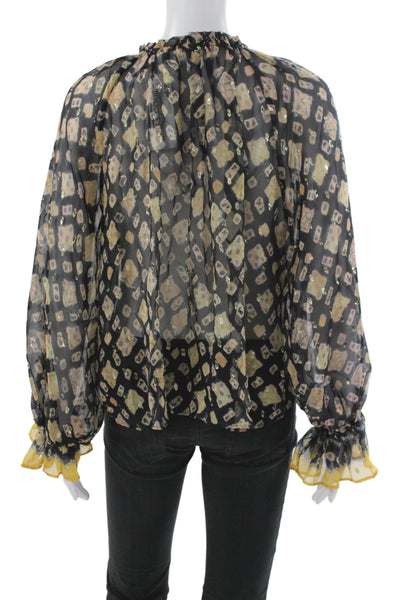 Ulla Johnson Womens Black Silk Argyle Tunic Long Sleeve Round Neck Tie Size 0