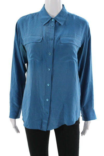 Equipment Femme Women Silk Collared Long Sleeve Blue Blouse Size S
