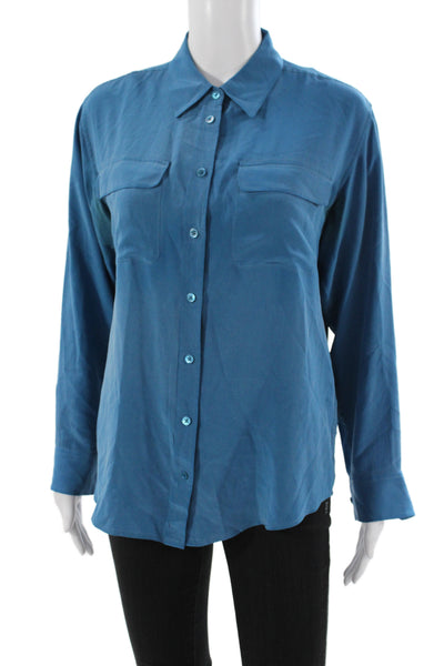 Equipment Femme Women Silk Collared Long Sleeve Blue Blouse Size S